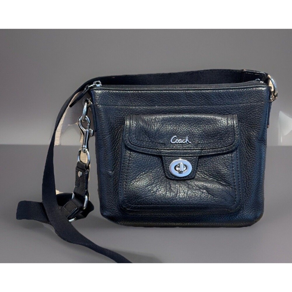 Vtg Swingpack Black Pebbled Leather Crossbody Shoulder Bag Turnlock Strap